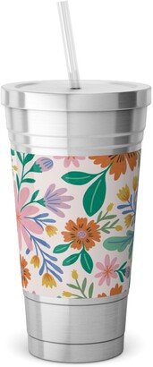 Travel Mugs: Happy Flowers - Pink Multi Stainless Tumbler With Straw, 18Oz, Pink