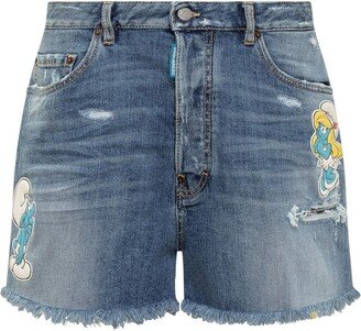 X Smurfs Patch Detailed Denim Shorts