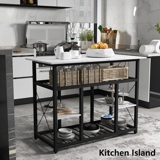 EDWINRAY Multifunctional Counter Height Dining Room Kitchen Island, Kitchen Rack with Large Worktop Open Storage, Faux Marble Tabletop