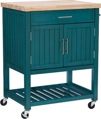 Abigail Block Top Storage Cabinet Locking Wheels Movable Kitchen Cart Teal - Powell