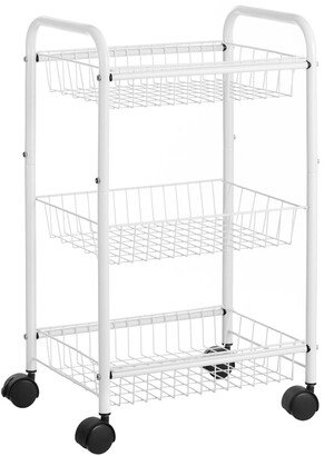 3-Tier Metal Rolling Cart on Wheels with Baskets, Lockable Utility Trolley for Kitchen Bathroom Closet, Removable Shelves, White