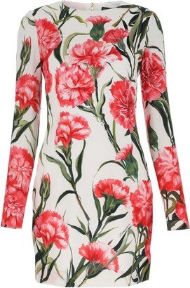 Carnation-Printed Long-Sleeved Mini Dress