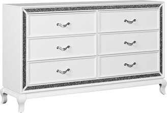 6 Drawer Wooden Dresser with Encrusted Crystal Accent, White