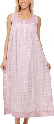 Alexander Del Rossa ADR Women' Cotton Victorian Nightgown, Sybil Sleevele Lace Trimmed Button Up Long Night Dre White Floral on Mauve Medium