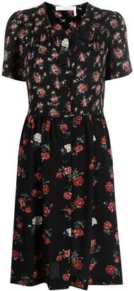 Rose-Print Pussybow-Collar Midi Dress