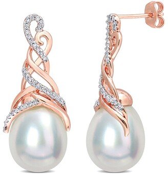 Rose Over Silver 0.33 Ct. Tw. Diamond 12-12.5Mm Pearl Criss-Cross Earrings