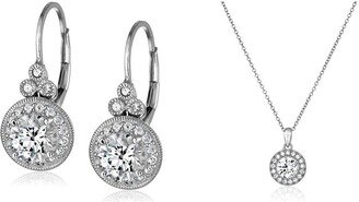 Platinum-Plated Sterling Silver Swarovski Zirconia Halo Necklace and Vintage Leverback Halo Earrings Set