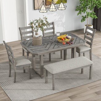 EDWINRAY 6-Piece Rubber Wood Dining Table Set, Wood Grain Pattern Tabletop, with 4 Upholstered Chairs and a Bench