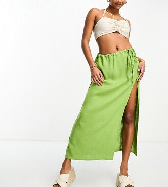 ASOS DESIGN Petite linen maxi skirt with high split in green