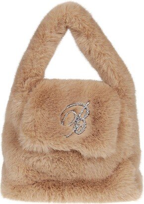 Logo Embellished Faux Fur Top Handle Bag