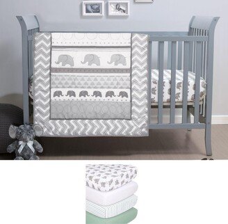 The Elephant Walk 7 Piece Baby Nursery Crib Bedding Set, Quilt, Crib Sheets, and Crib Skirt - Grey/white