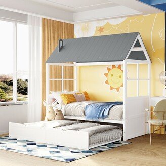 Sunmory Twin Size Wood House Bed With Twin Size Trundle, Wooden Daybed-AA