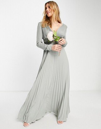 Bridesmaid pleated long sleeve maxi dress with satin wrap waist in olive