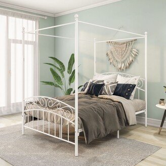 White Full Size Metal Canopy Bed Frame With European Style Headboard