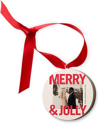 Ornaments: Merry And Jolly Wooden Ornament, Red, Circle