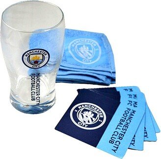 Manchester City FC Official Wordmark Mini Football Bar Set (Pint Glass, Towel & Beer Mats