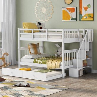 RASOO Full over Full Solid Wood Bunk Bed with Twin size Trundle, with Stairs with Handrails and Multiple Storage Racks