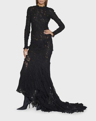 Sheer Lace Train Mermaid Gown