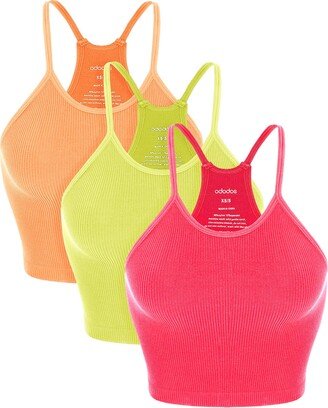 ODODOS Women's Crop 3-Pack Washed Seamless Rib-Knit Camisole Crop Tank Tops