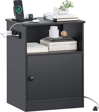 Global Pronex Nightstand with Charging Station and USB Ports, Modern End Side Table with Cabinet and Open Storage