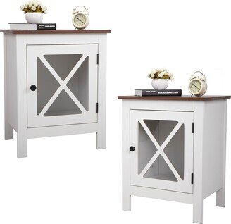 TONWION 2 pCS Industrial Nightstand with X design glass Door - White & Walnut