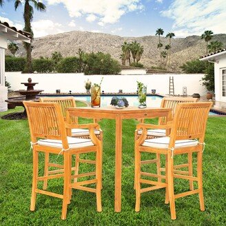 5 Piece Teak Wood Castle Patio Bistro Bar Set including 35 Bar Table & 4 Barstools with Arms