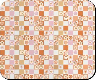 Mouse Pads: Retro Checkerboard - Daisy, Smile, Happy - Pink Orange Mouse Pad, Rectangle Ornament, Orange