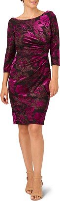 Floral Metallic Drape Back Three-Quarter Sleeve Midi Burnout Velvet Sheath Dress