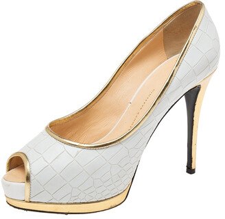 White Croc Embossed Leather Peep-Toe Platform Pumps Size 39