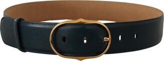 Blue Leather Gold Metal Oval Buckle Women's Belt