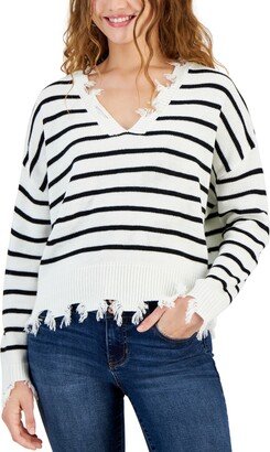 Just Polly Juniors' Drop-Shoulder Distressed-Edge Sweater