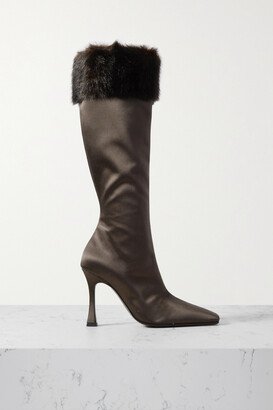 Faux Fur-trimmed Satin Knee Boots - Brown