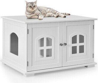 Large Wooden Cat Litter Box Enclosure Hidden Cat Washroom w/ Divider White