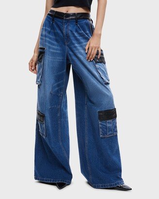 Joette Low-Rise Combo Vegan Leather Cargo Jeans