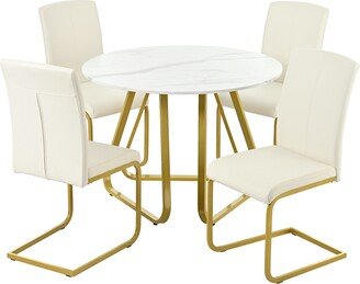 GREATPLANINC 5-Piece Metal Frame Creative Round Dining Table Set with Faux Marble Tabletop and 4 PU Leather Dining Chairs for Dining Room