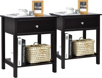 2PCS 2-Tier Nightstand Modern Side End Table w/ Drawer & Open Shelf Black