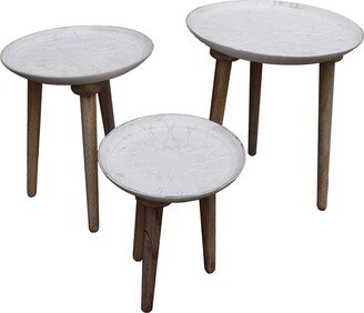 Wood Bowl Top Side End Coffee Table with Angled Tripod Base, Set of 3, White and Brown