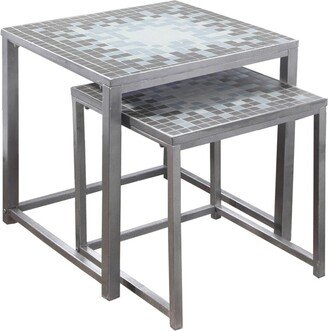 Monarch Specialties Monarch 3141 Grey Blue Tile Top Hammered Silver Two Piece Nesting Table Set