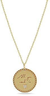 14K Yellow Gold Diamond All You Need is Love Mantra Pendant Necklace, 16-18