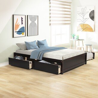 EYIW Full Size Wood Platform Bed with Twin Size Trundle Bed, 2 Storage Drawers and Footboard