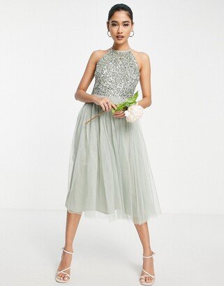 Bridesmaid halter neck midi tulle dress with tonal delicate sequins in sage green