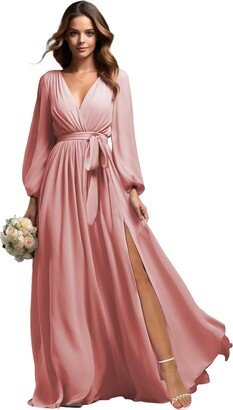 Zhongde Chiffon Bridesmaid Dresses for Wedding Dusty Rose Long Sleeve V-Neck A-Line Formal Gowns Slit Pleated Evening Party Dress US14