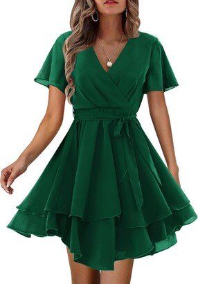 Amoretu Womens V-Neck Short Dresses Casual Tie Waist Above Knee Dress (Green