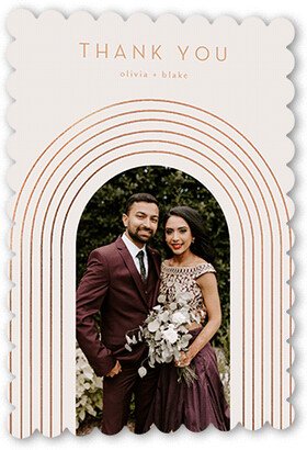 Wedding Thank You Cards: Arch Skyward Wedding Thank You Card, Grey, Rose Gold Foil, 5X7, Pearl Shimmer Cardstock, Scallop