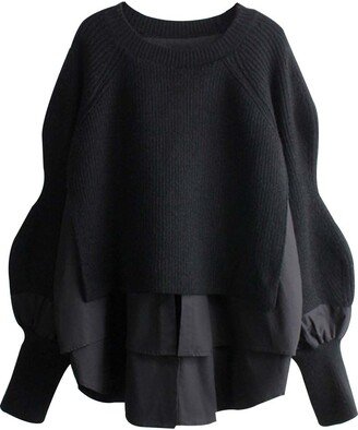 Generic Women's Elegant Irregular Hem Pullover Sweater Fashion Faux Two Piece Patchwork Knitwear Thermal Sweaters Shirt (Black