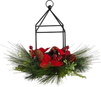 14-in Christmas Poinsettia, Berry and Pinecone Metal Candle Holder Christmas Artificial Table Arrangement
