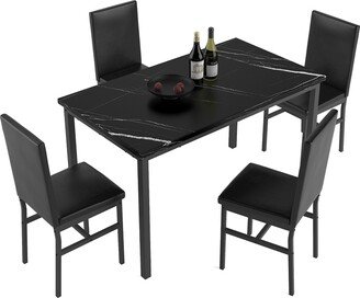 5 Piece Dining Table & Chair Set, Faux Marble Table PU Leather Chairs