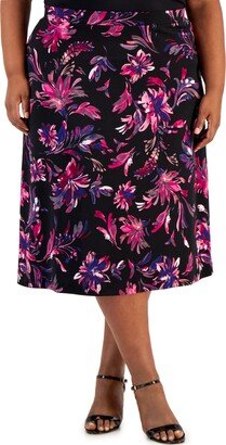 Plus Size Pull-On Printed Knit Midi Skirt - Black/Cerise Multi