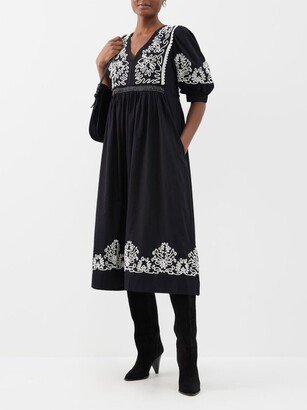 Embroidered Puff-sleeve Cotton Midi Dress