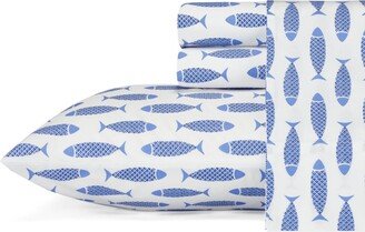 Woodblock Fish Cotton Percale 3-Piece Sheet Set, Twin